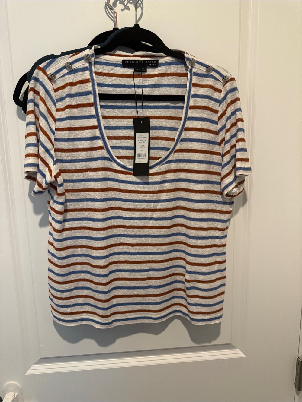 Veronica Beard Scoop Neck Short Sleeve Tee in White, Blue & Brown Stripes